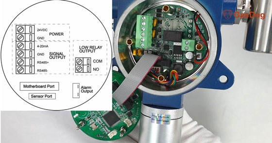 Fixed gas detector internal circuit and terminal configuration
