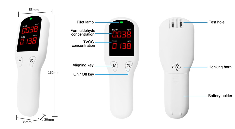 Handheld formaldehyde CH2O gas monitor dimension and details